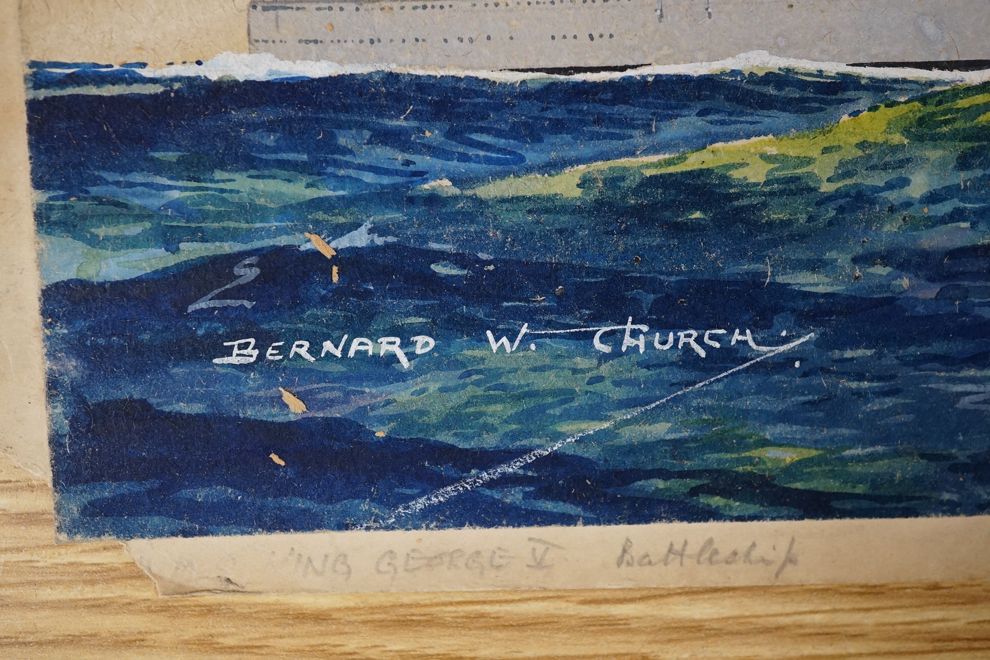 Bernard Church, two original watercolours for postcard designs, WWII Royal Navy battleships comprising: HMS King George V and HMS Warspite, each with original captions verso, signed, largest 24 x 32cm, unframed. Conditio